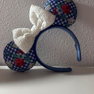 Floral Gingham Mouse Ears Headband with Lace Bow